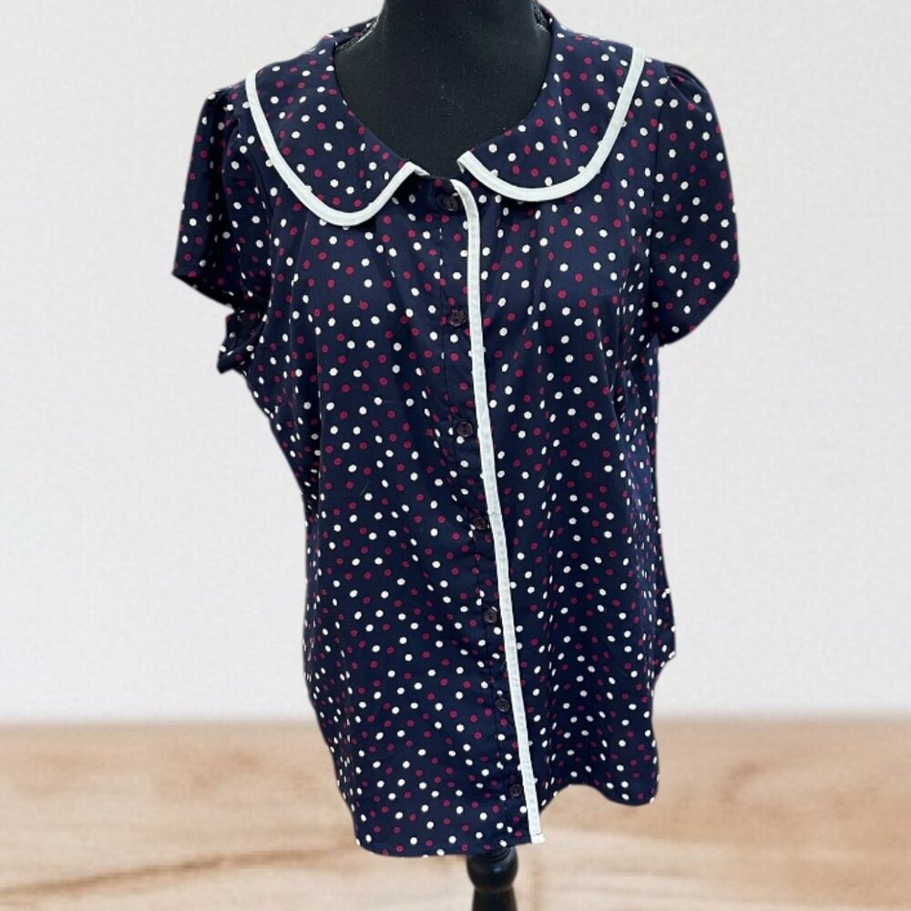 Navy Polka Dot Blouse with Contrast Trim – Retro & Chic ✨